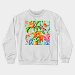 Orange orchids and chinoiserie jars watercolor Crewneck Sweatshirt